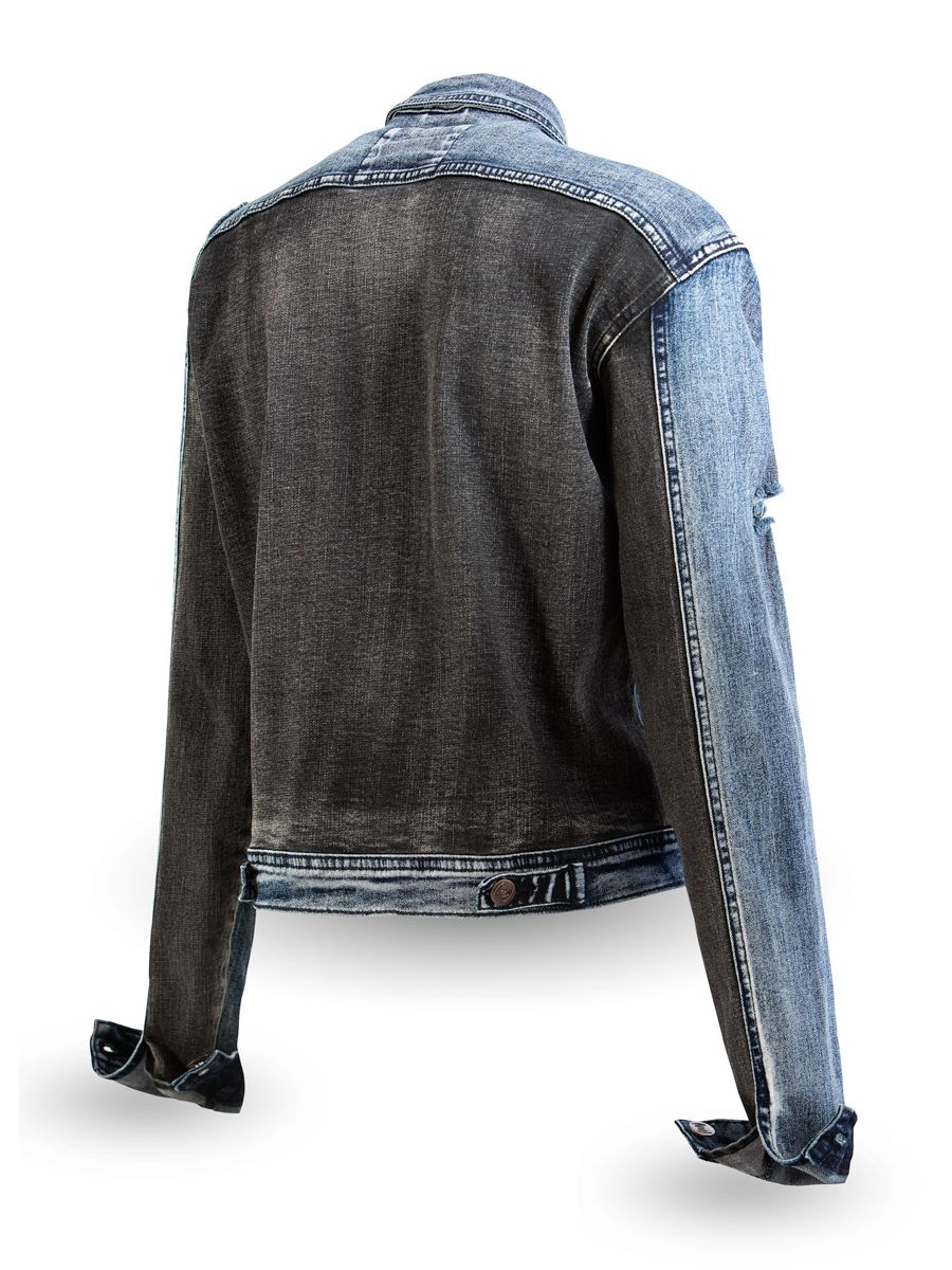 Denim jacket with a distressed look on a white background