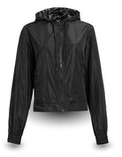 Black jacket with a patterned hood on a white background