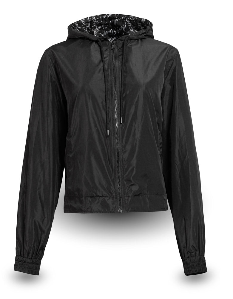 Black jacket with a patterned hood on a white background