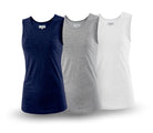 Three sleeveless shirts in navy, gray, and white on a white background