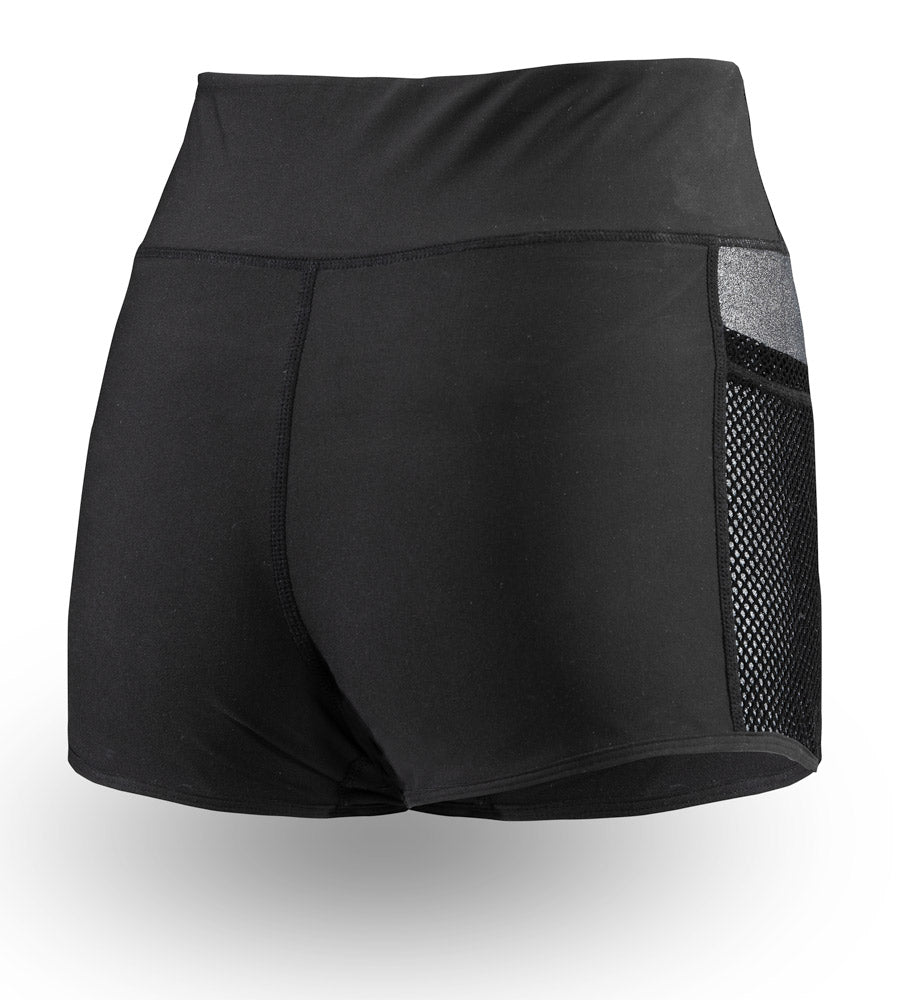 Black athletic shorts with a mesh pocket on a white background