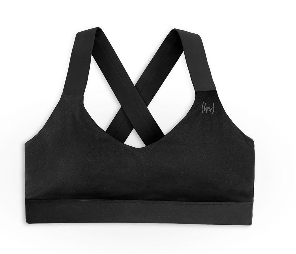 Black sports bra with straps on a white background
