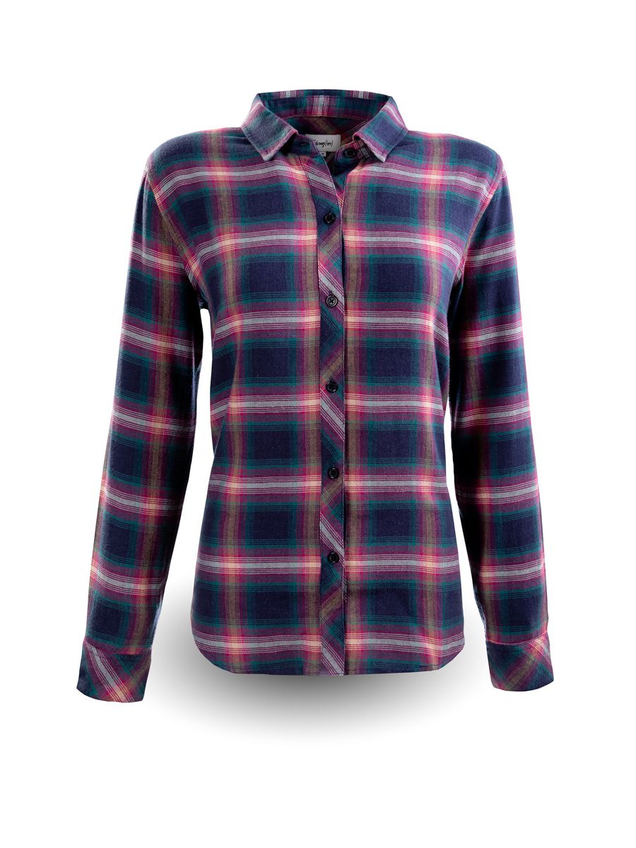 Plaid shirt with a pattern of blue, red, and white on a white background