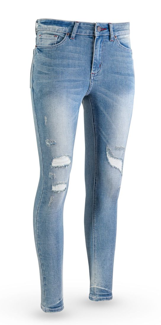 Light blue distressed jeans on a white background