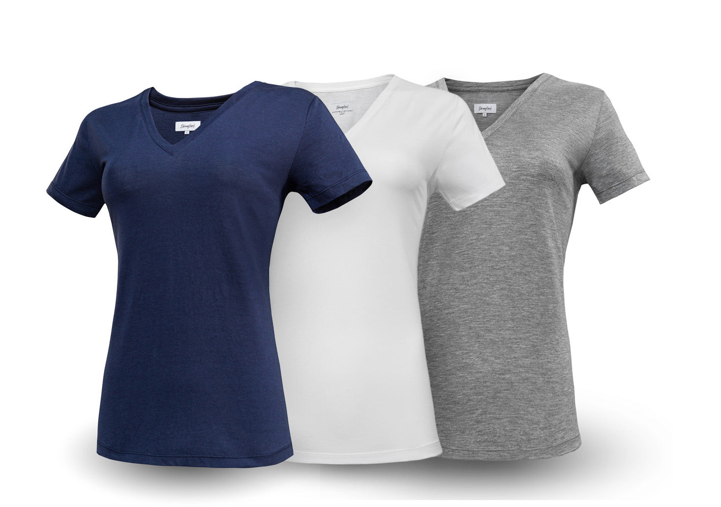 Three V-neck t-shirts in navy, white, and gray on a white background