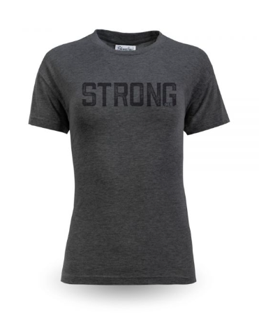 Gray t-shirt with 'STRONG' text on a white background