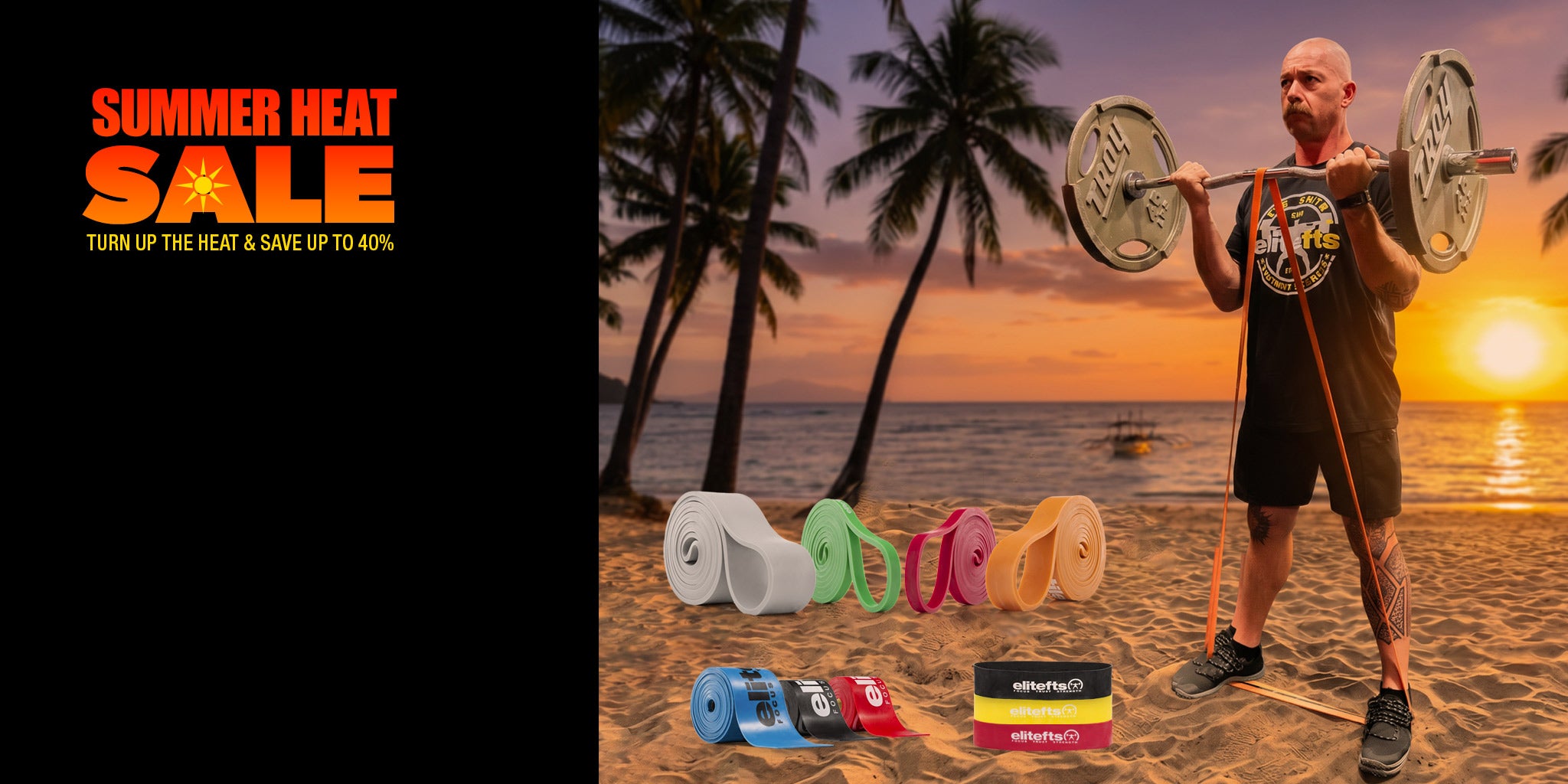 Man lifting weights on a beach with summer heat sale text and colorful weights in the foreground.