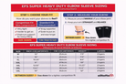 EliteFTS Super Heavy Duty Elbow Sleeve Sizing Chart with measurement guide and size chart.