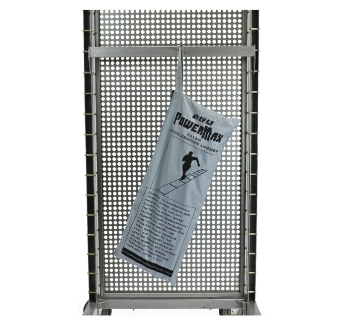 PowerMax product bag hanging on a metal ladder with a white background