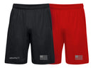 two pairs of shorts, a red pair and a black pair, with grey decals depicting the tagline and US flag on the pant legs
