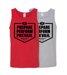 two tank tops with a black decal on the chest, the words "Prepare, Perform, Prevail" portrayed on one red shirt and one gray shirt