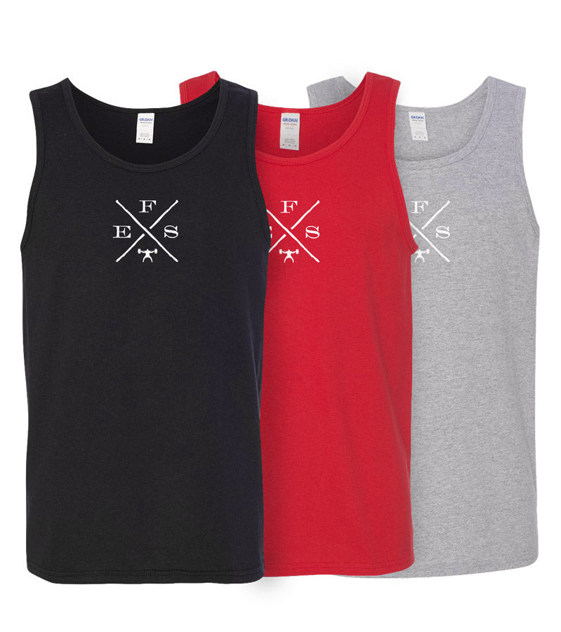 image of three tank tops depicting a white EFX logo; one black, one red, and one gray