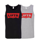 depiciton showing two tank tops with the Lift decal, one black and one gray