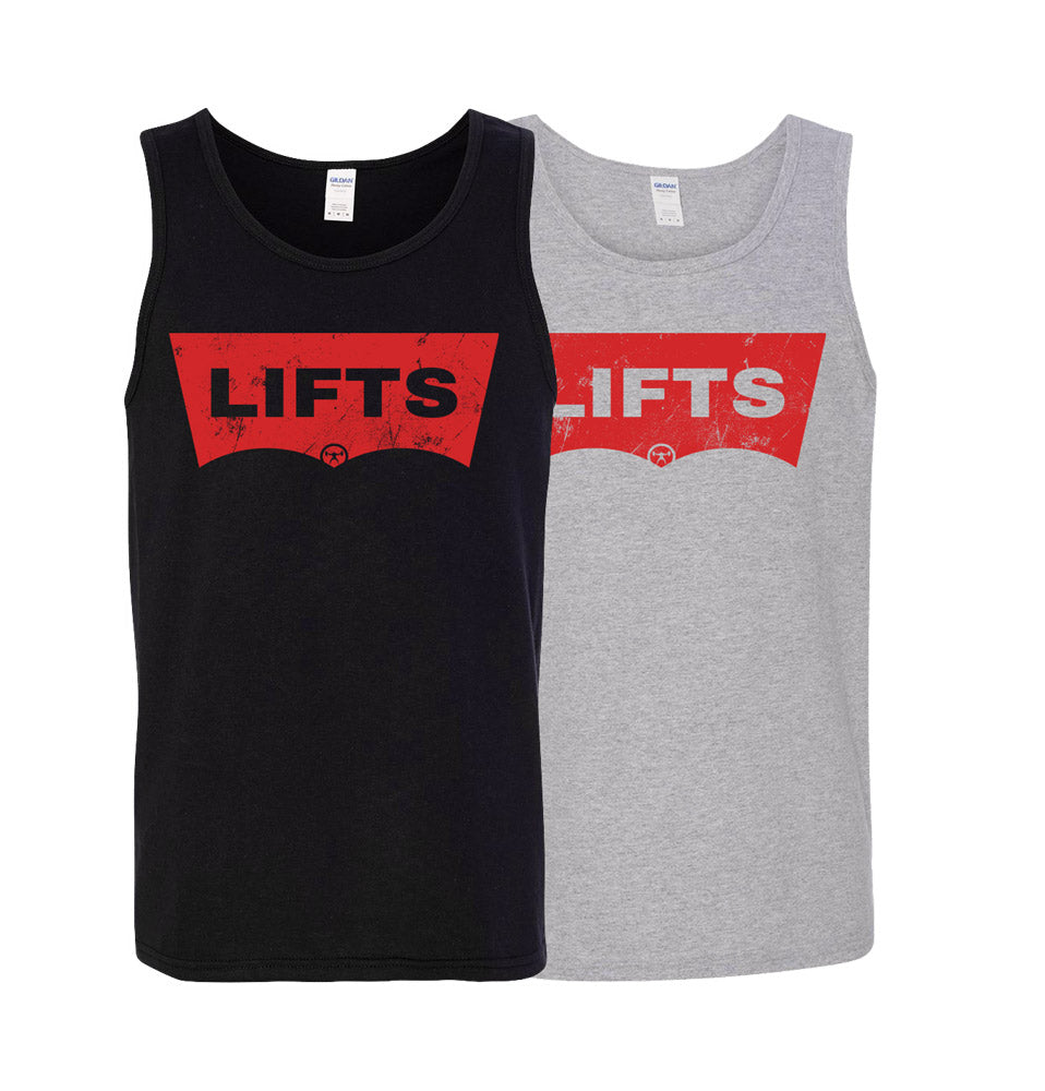 depiciton showing two tank tops with the Lift decal, one black and one gray