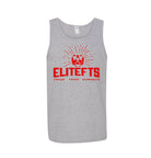 photo of a black tank top with a red Skull EliteFTS logo grey