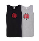 the strain logo in the middle of the chest of two tank tops, one black and one gray
