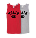 photo of a tank tops with the Train Arch logo, specifically one gray and one red