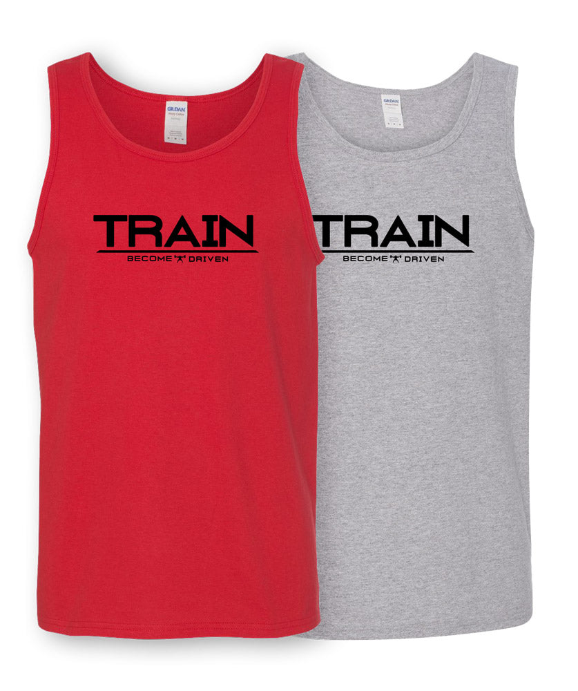 a tank top with a "Become Driven" Train decal