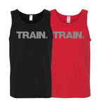 a tank top with gray text of the Train decal on the chest