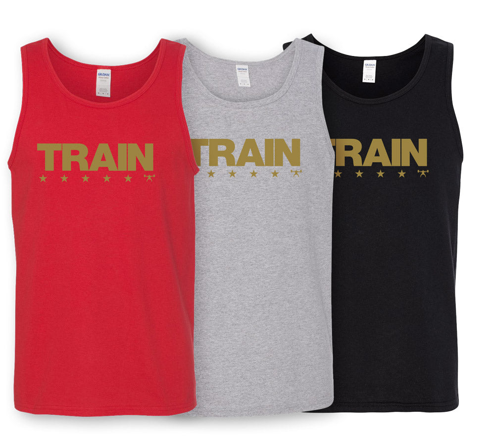 a tank top with a gold Train Flag logo, five stars under the word "Train"