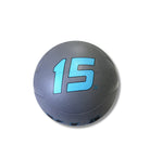 Gray exercise ball with blue number 15 on a white background