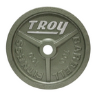 Green weight plate with 'Troy' branding on a white background