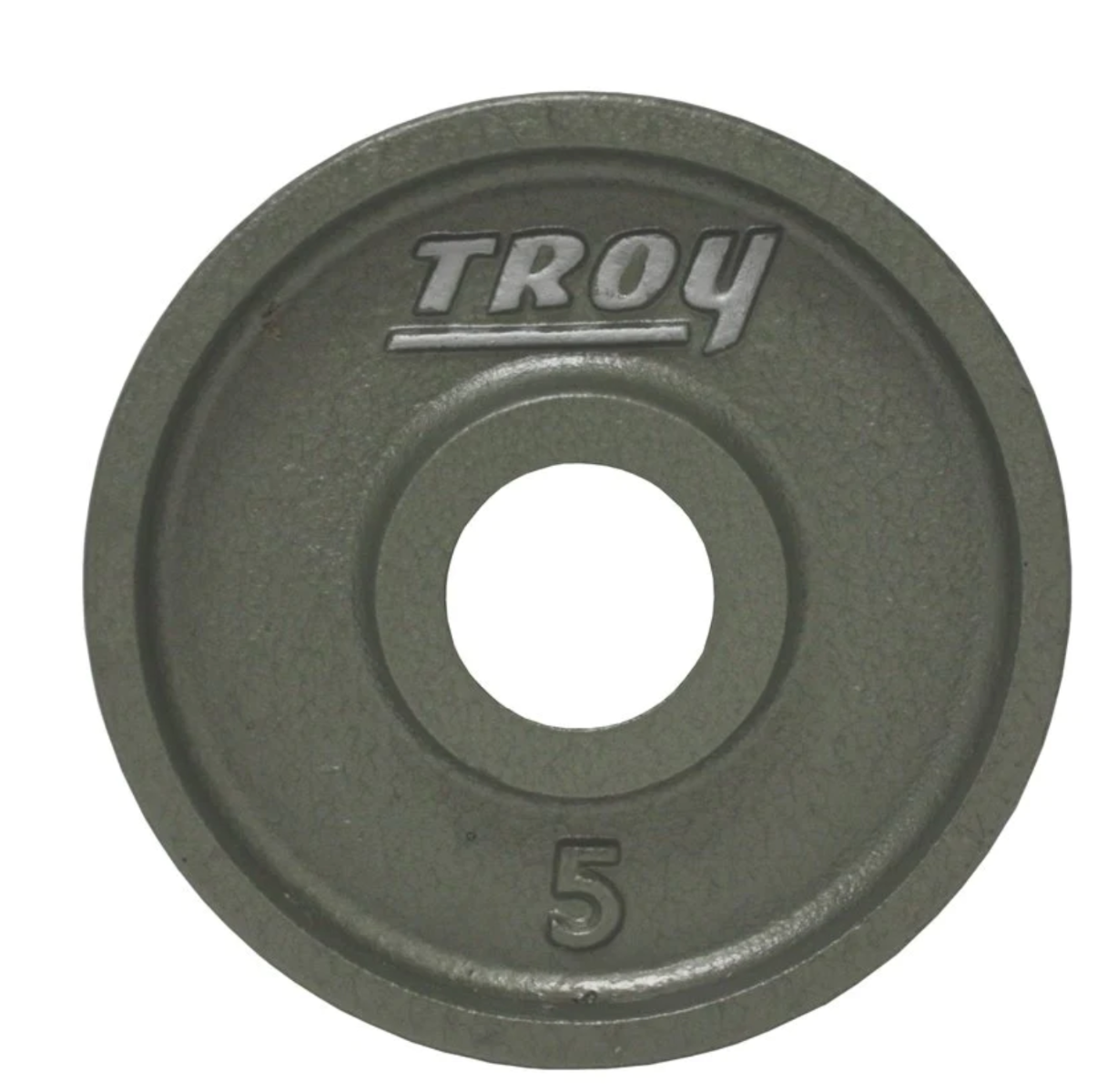 Green weight plate with 'Troy' branding on a white background