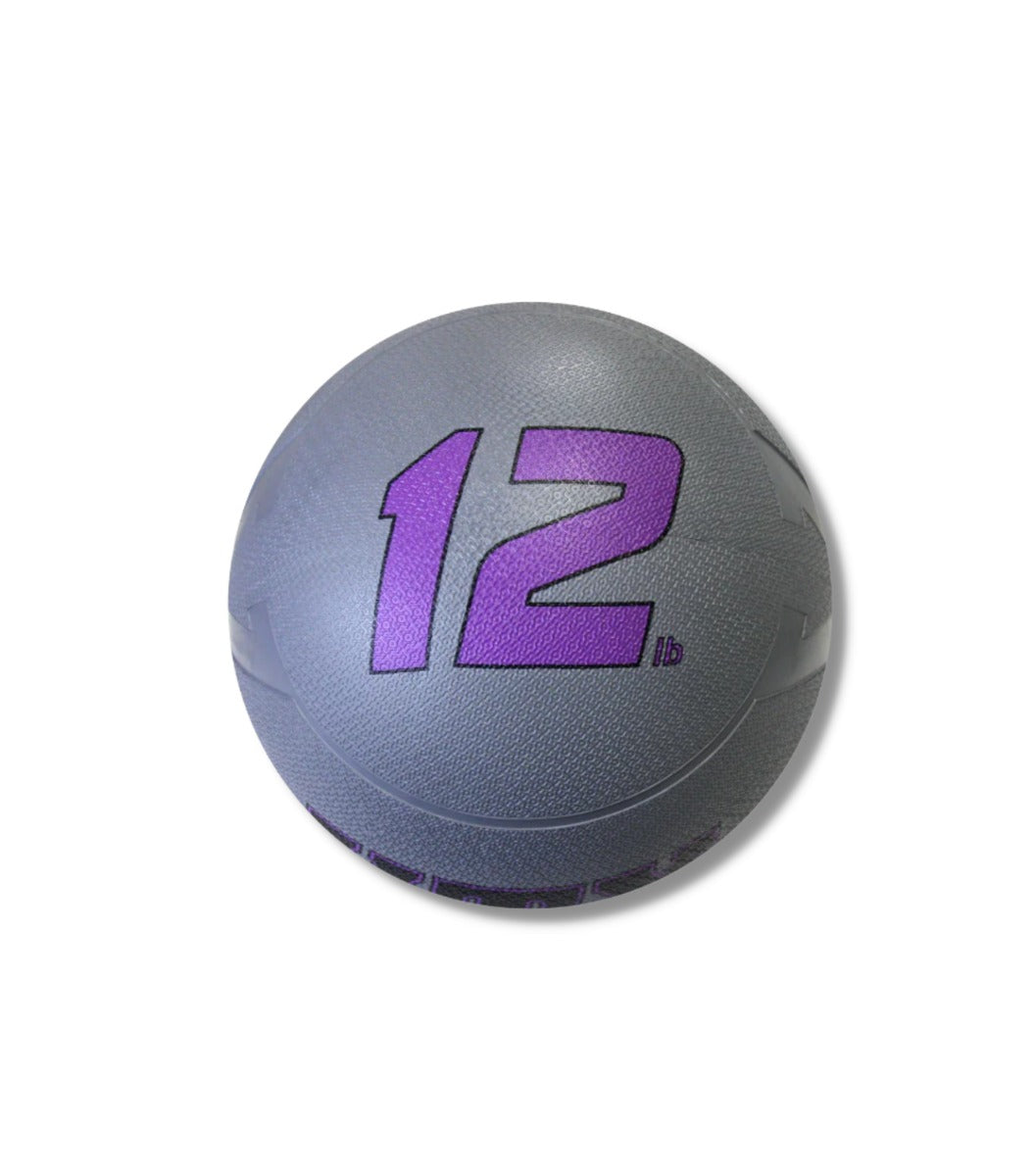Gray exercise ball with purple '12' logo on a white background