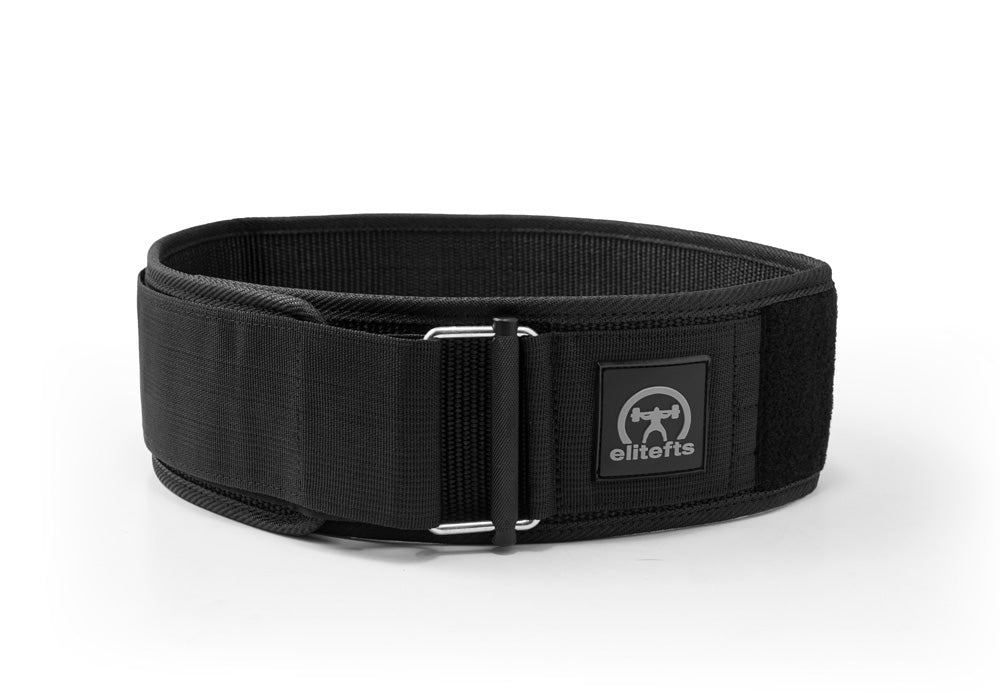 Black weightlifting belt with a brand logo on a white background