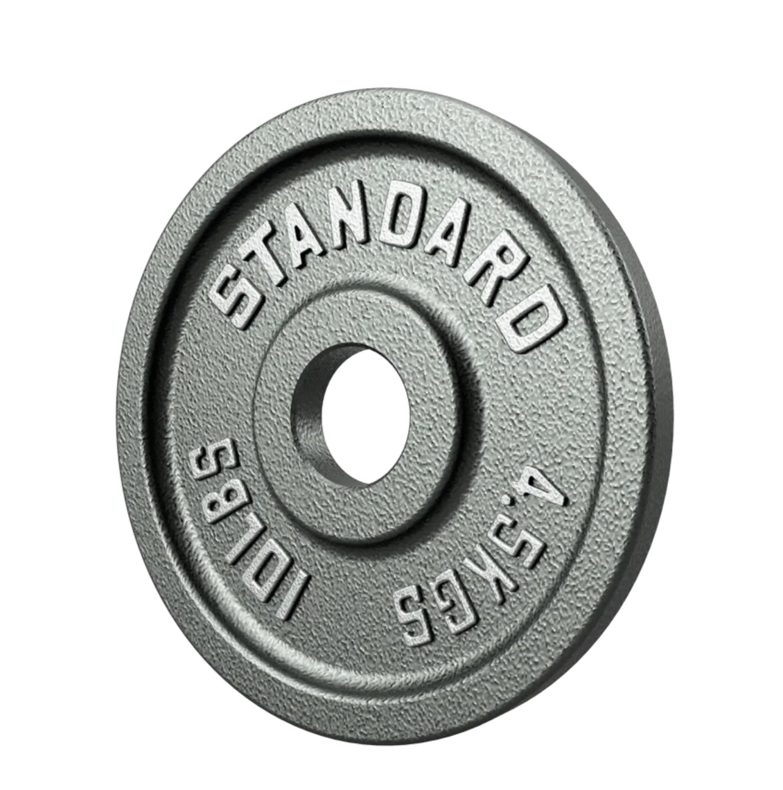 Gray weight plate with 'Standard' and '10 lbs' text on a white background