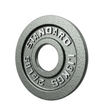 Gray weight plate with 'Standard' and weight markings on a white background
