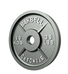 Gray weight plate with 'Barbell' branding on a white background