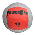 Red and gray PowerMax medicine ball with '10 LB' marking on a white background