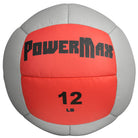 Red and gray PowerMax medicine ball with '12 LB' marking on a white background