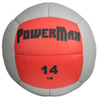 Red and gray PowerMax medicine ball with '14 LB' marking on a white background
