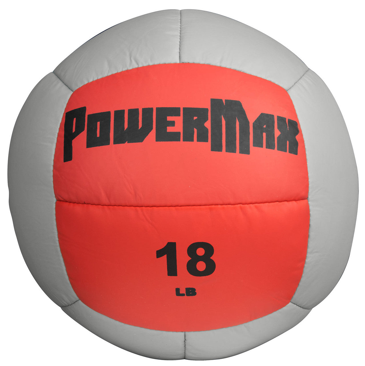 Red and gray PowerMax medicine ball with '18 LB' marking on a white background