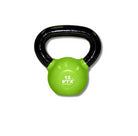 Green kettlebell with black handle on a white background