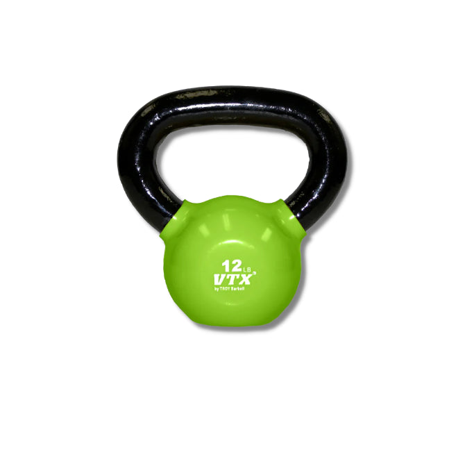 Green kettlebell with black handle on a white background