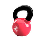 Red kettlebell with black handle labeled '18 LB VTX' on a white background