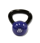 Blue kettlebell with black handle on a white background
