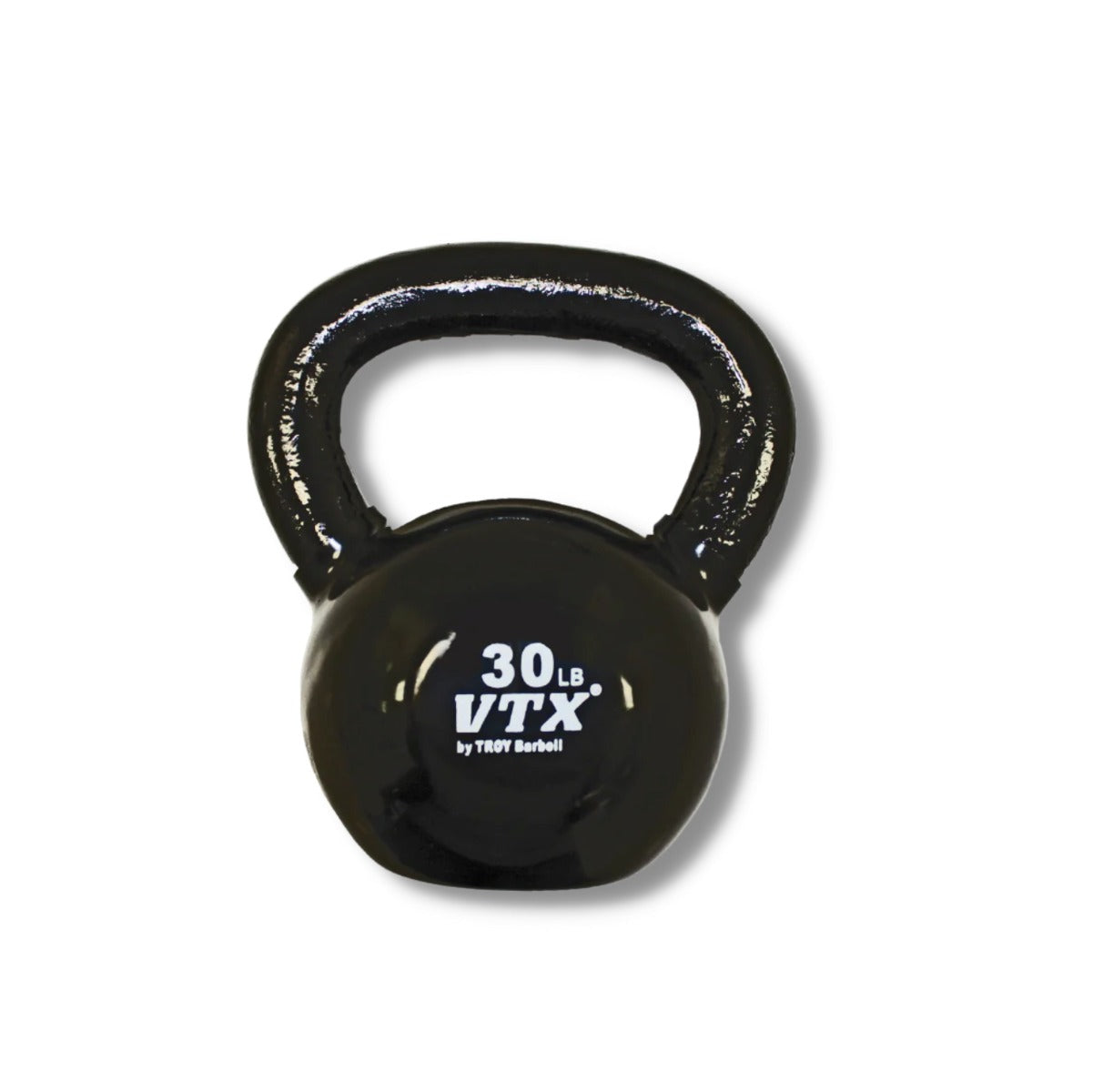 Black kettlebell with '30 LB VTX' marking on a white background