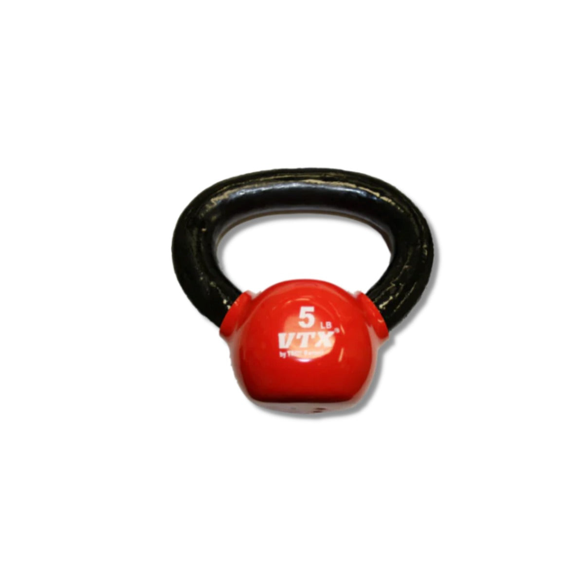 Red kettlebell with black handle on a white background