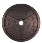 Brown weight plate with 'Troy Barbell' branding on a white background
