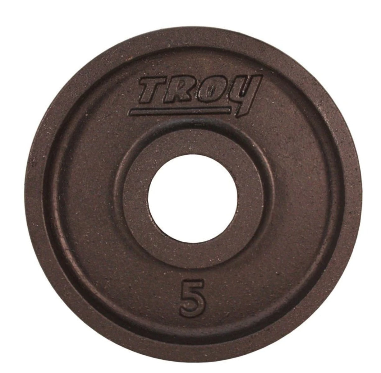 Brown weight plate with 'Troy' branding and the number '5'