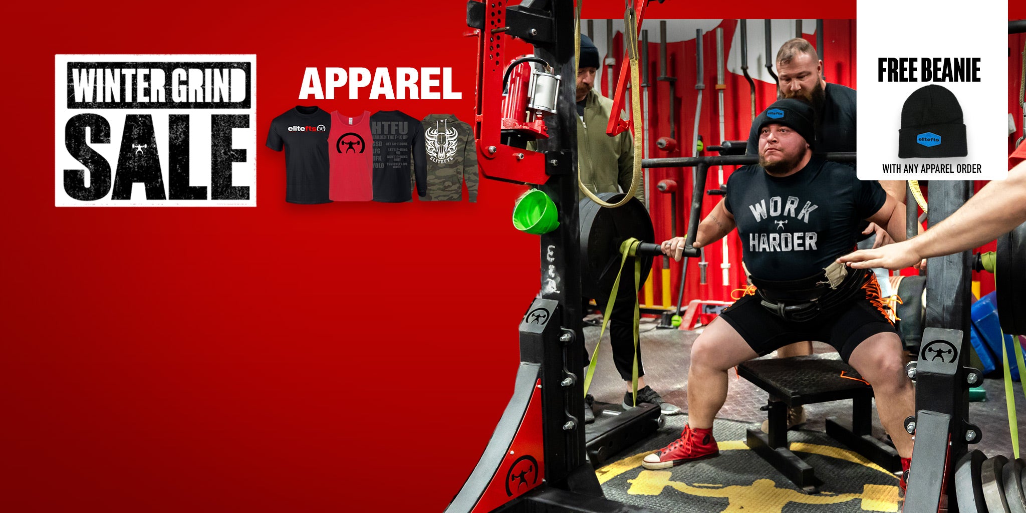 Advertisement for Winter Grind Apparel with gym equipment and promotional text on a red background.