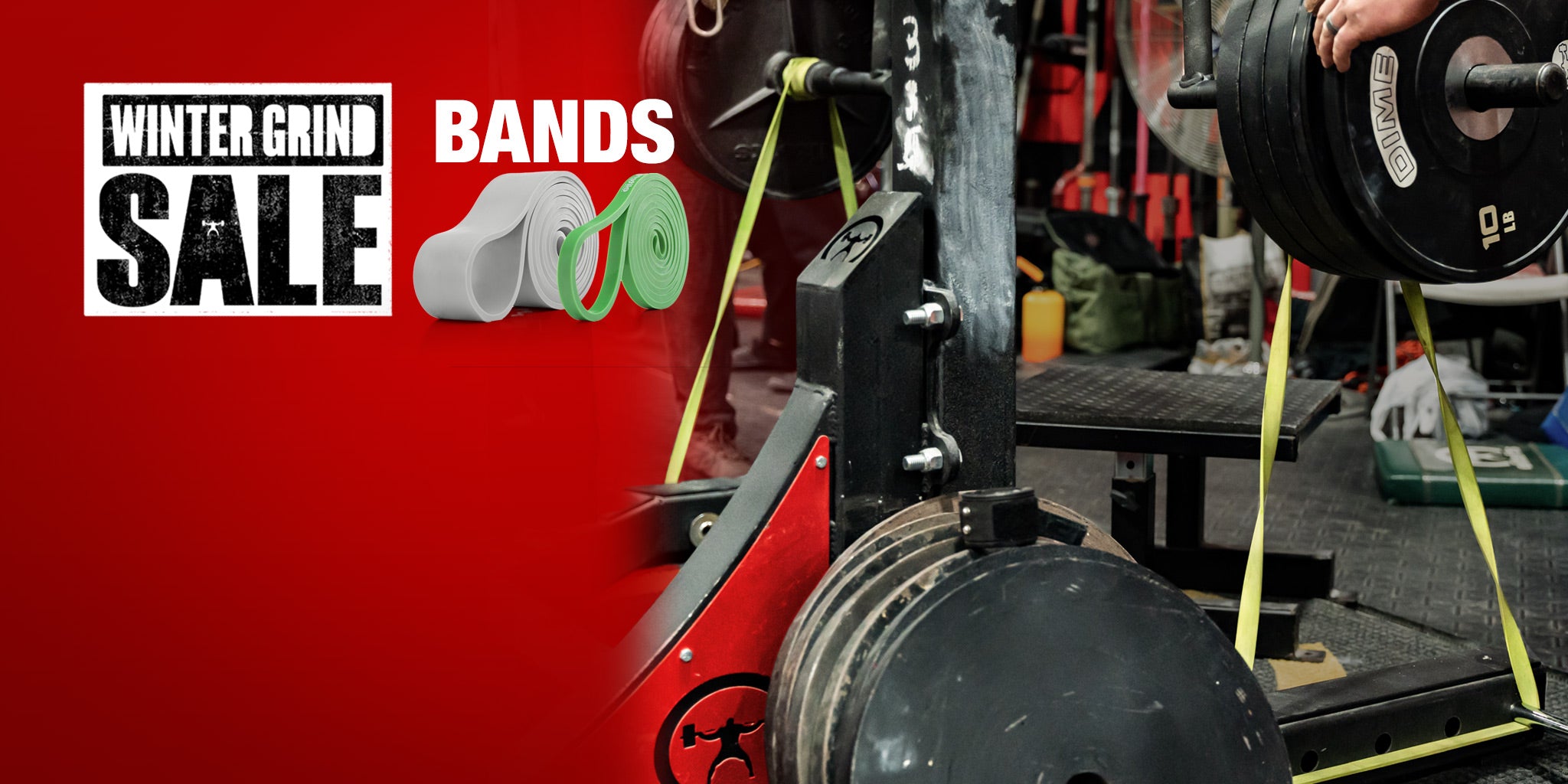 Advertisement for 'Winter Grind Bands' sale with gym equipment in the background