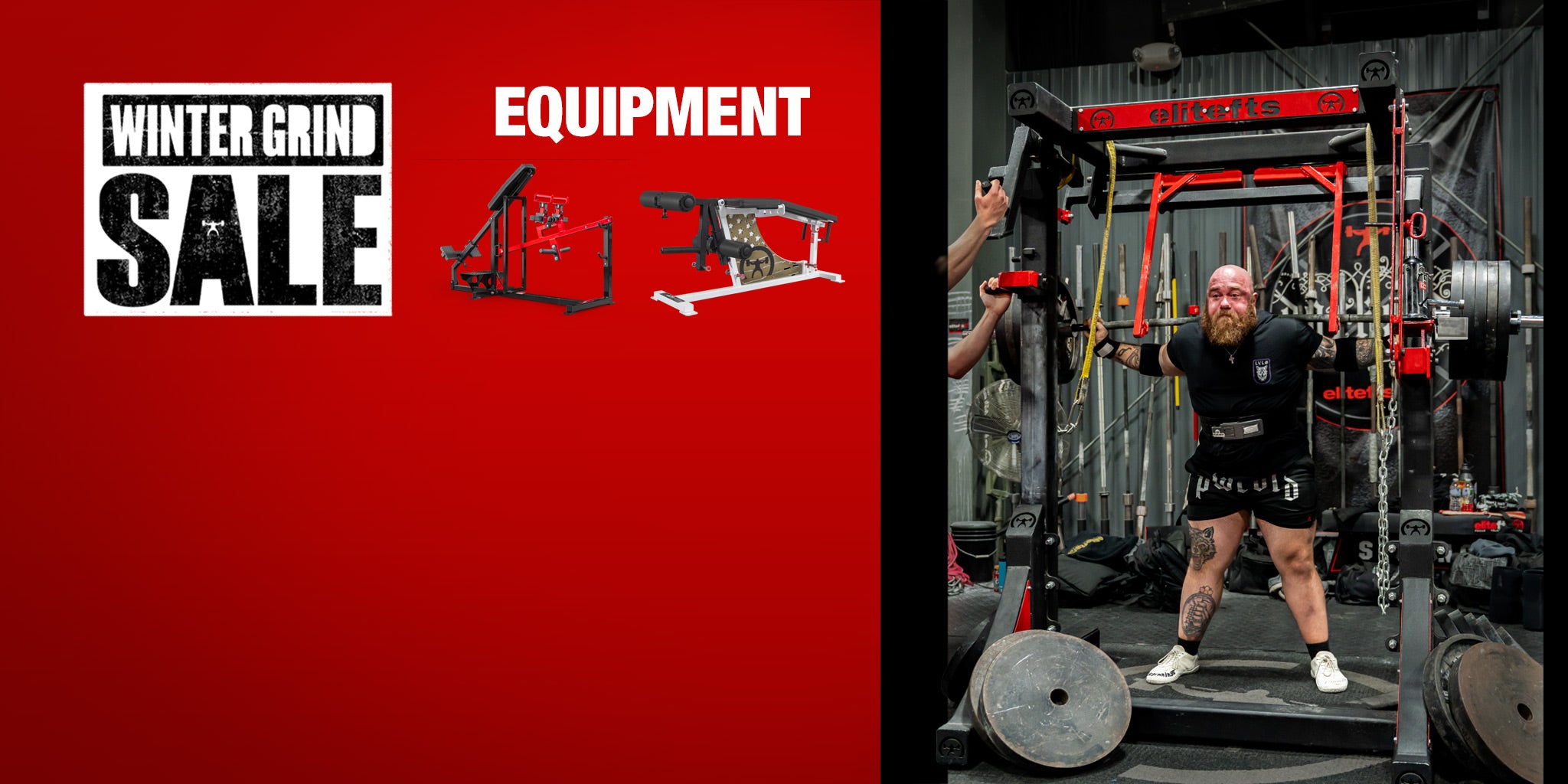 Advertisement for a winter grind sale with gym equipment and a person using gym equipment.