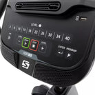 Control panel of a piece of exercise equipment with digital display and buttons.