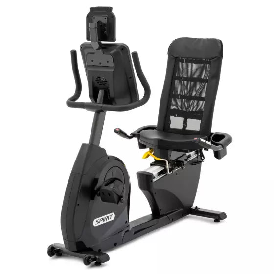Recumbent exercise bike with a seat and handlebar on a white background