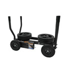 Black weight plate carrier with wheels on a white background